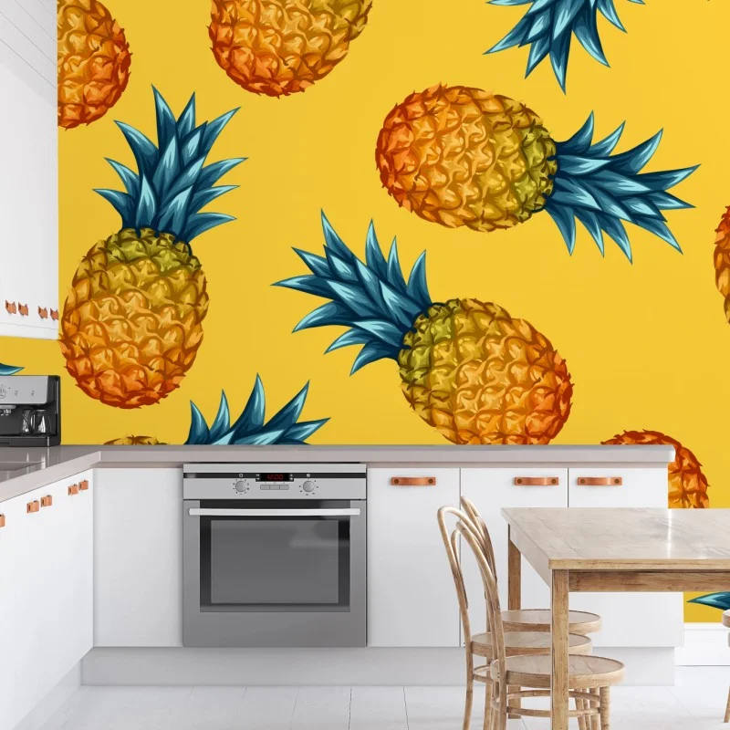 Fotomural diseño tropical de piñas sobre fondo amarillo