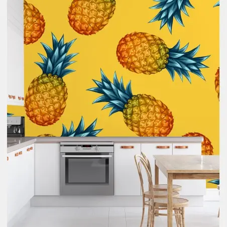 Fotomural diseño tropical de piñas sobre fondo amarillo – Pixers®
