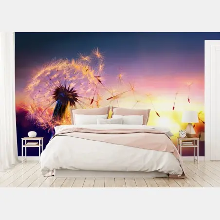 Fotomural diente de león al viento en atardecer dorado – Pixers®