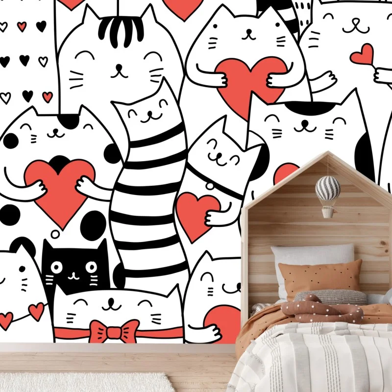 Fotomural patrón de gatos con corazones