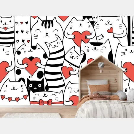 Fotomural patrón de gatos con corazones – Pixers®