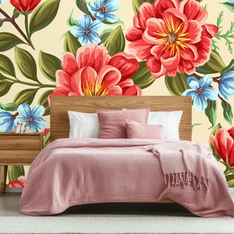 Fotomural estampado floral en acuarela sobre fondo beige
