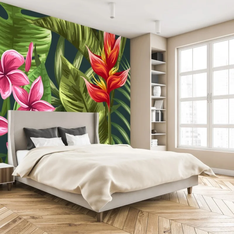 Fotomural diseño floral tropical con hibisco y plumeria