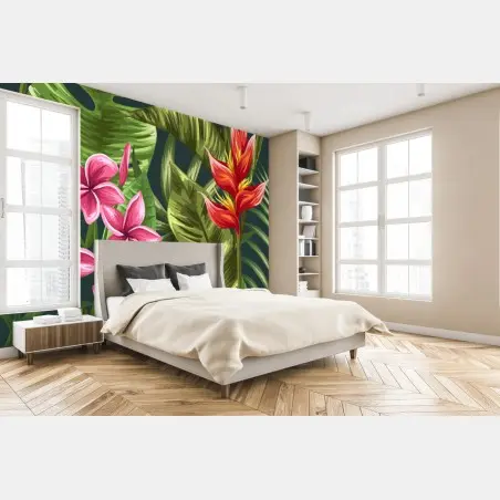 Fotomural diseño floral tropical con hibisco y plumeria – Pixers®