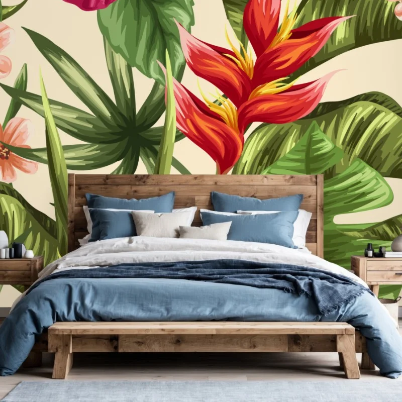 Fotomural diseño tropical con plumerias e hibiscos