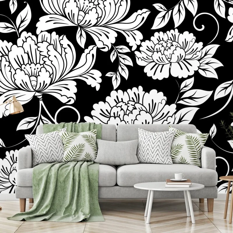 Fotomural motivo floral elegante en blanco y negro