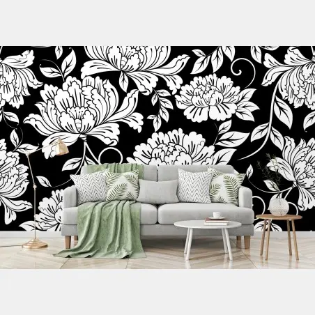 Fotomural motivo floral elegante en blanco y negro – Pixers®