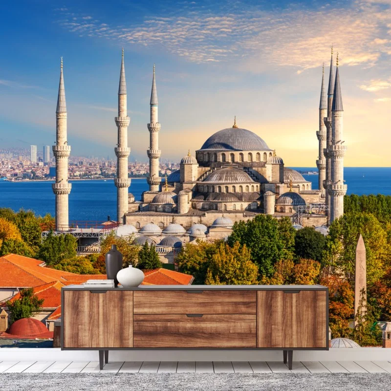 Fotomural panorámica de la mezquita de Estambul al atardecer