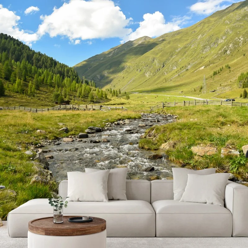 Fotomural panorama de valle alpino con arroyo cristalino