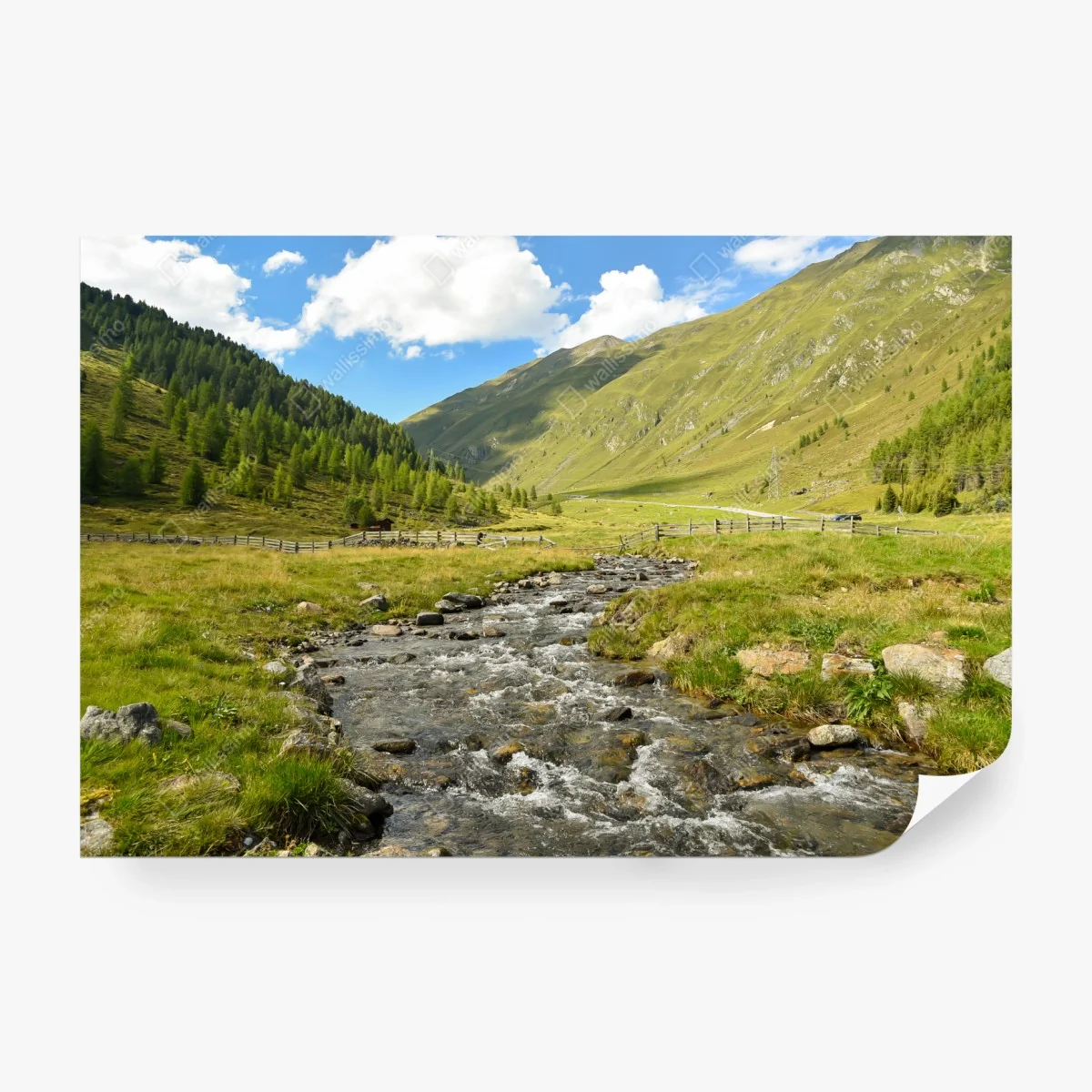 Fotomural panorama de valle alpino con arroyo cristalino – Pixers®