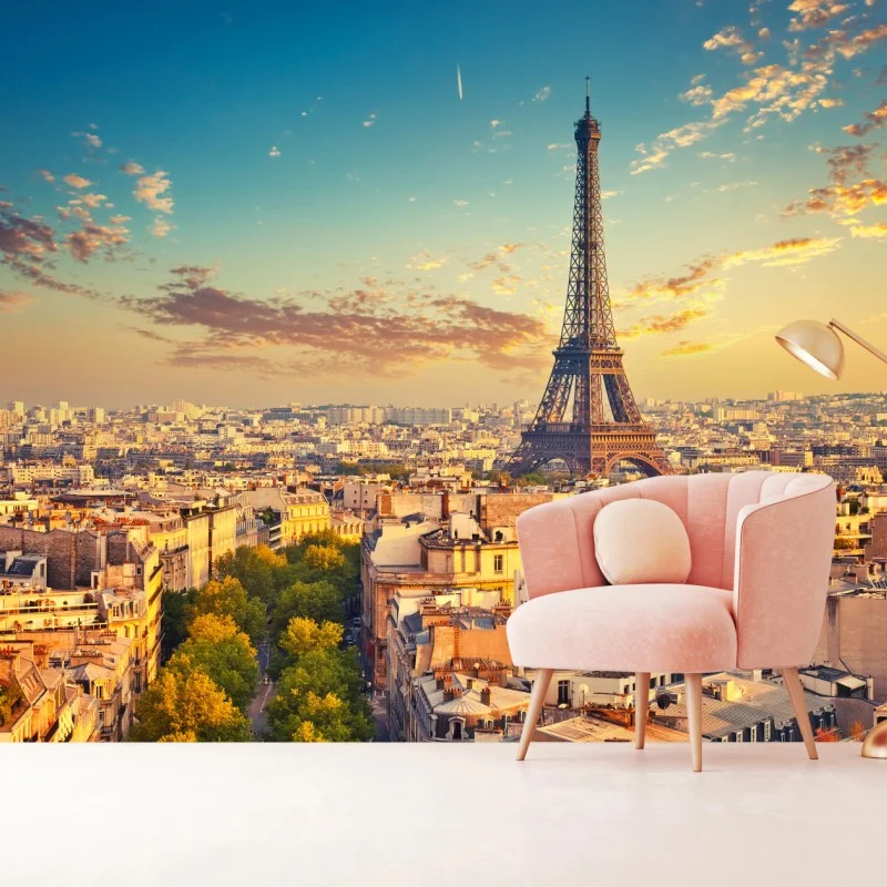 Fotomural amanecer dorado sobre la Torre Eiffel en París