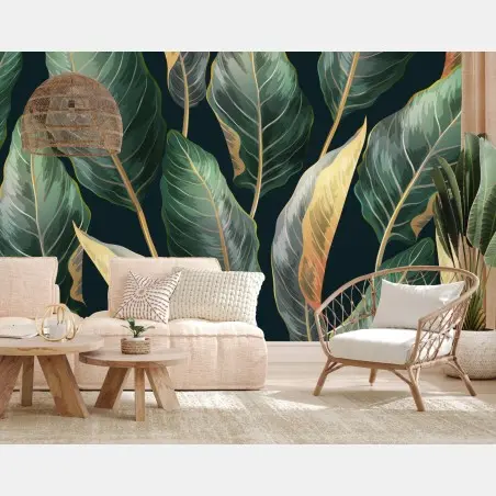 Fotomural diseño tropical de hojas exóticas sobre fondo oscuro – Pixers®