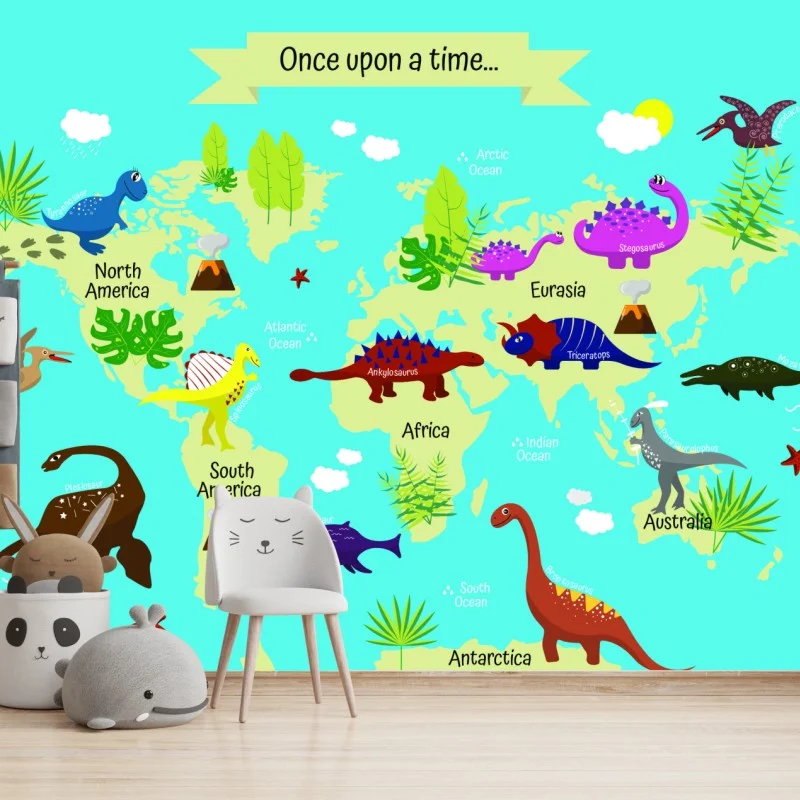 Fotomural mapa del mundo con dinosaurios coloridos