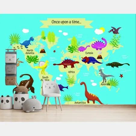 Fotomural mapa del mundo con dinosaurios coloridos – Pixers®