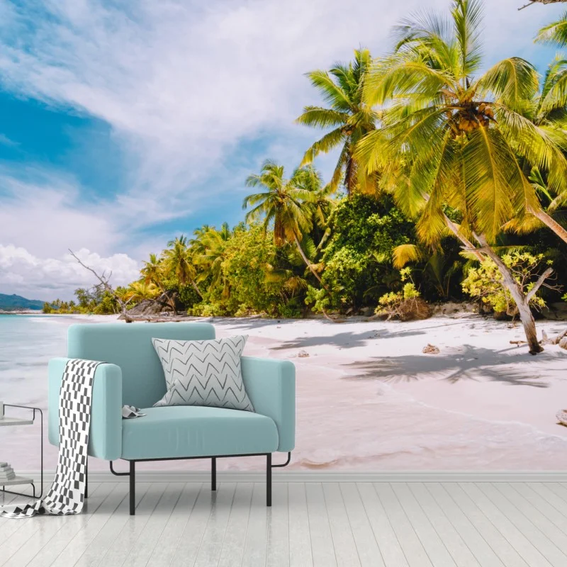 Fotomural playa tropical con palmeras y arena blanca