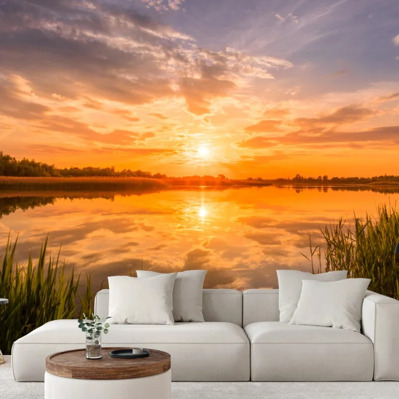Fotomural puesta de sol dorada sobre el lago