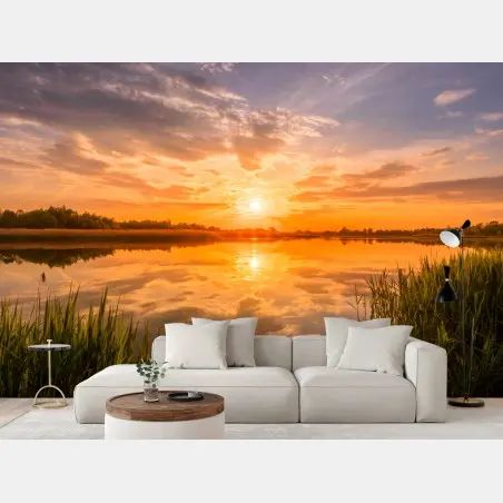 Fotomural puesta de sol dorada sobre el lago – Pixers®