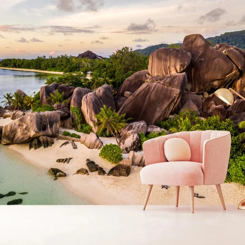 Fotomural escena del paraíso rocoso en La Digue, Seychelles