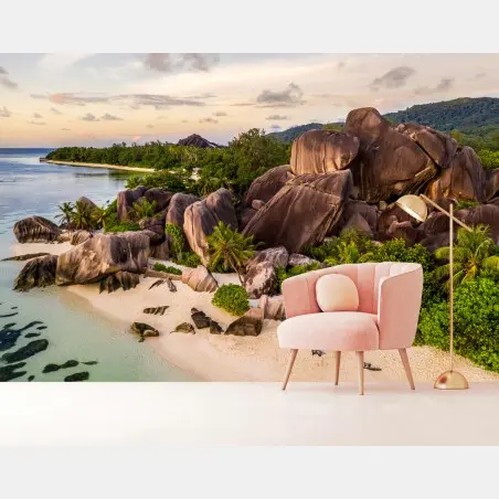 Fotomural escena del paraíso rocoso en La Digue, Seychelles – Pixers®