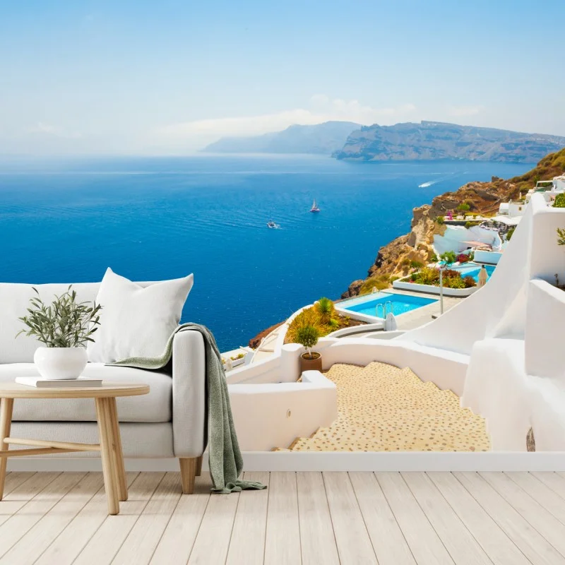 Fotomural vistas de Santorini: mar azul y arquitectura blanca