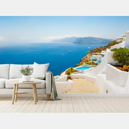 Fotomural vistas de Santorini: mar azul y arquitectura blanca – Pixers®