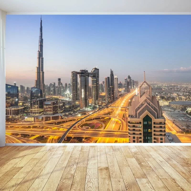 Fotomural amanecer en Dubai: horizonte de rascacielos