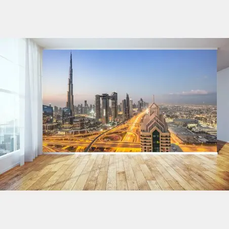 Fotomural amanecer en Dubai: horizonte de rascacielos – Pixers®