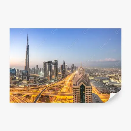 Fotomural amanecer en Dubai: horizonte de rascacielos – Pixers®