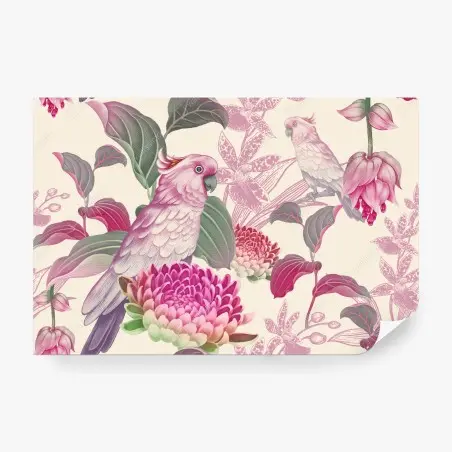 Fotomural cacatúas y flores tropicales en tonos pastel – Pixers®