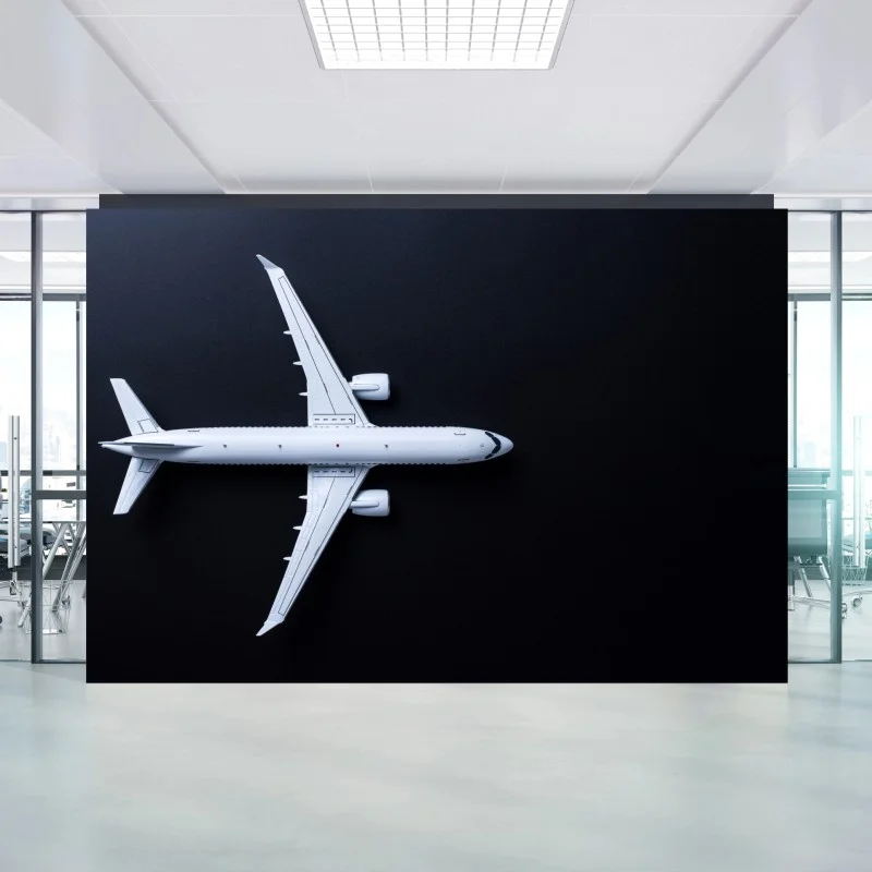 Fotomural silueta aérea minimalista de avión blanco sobre fondo negro