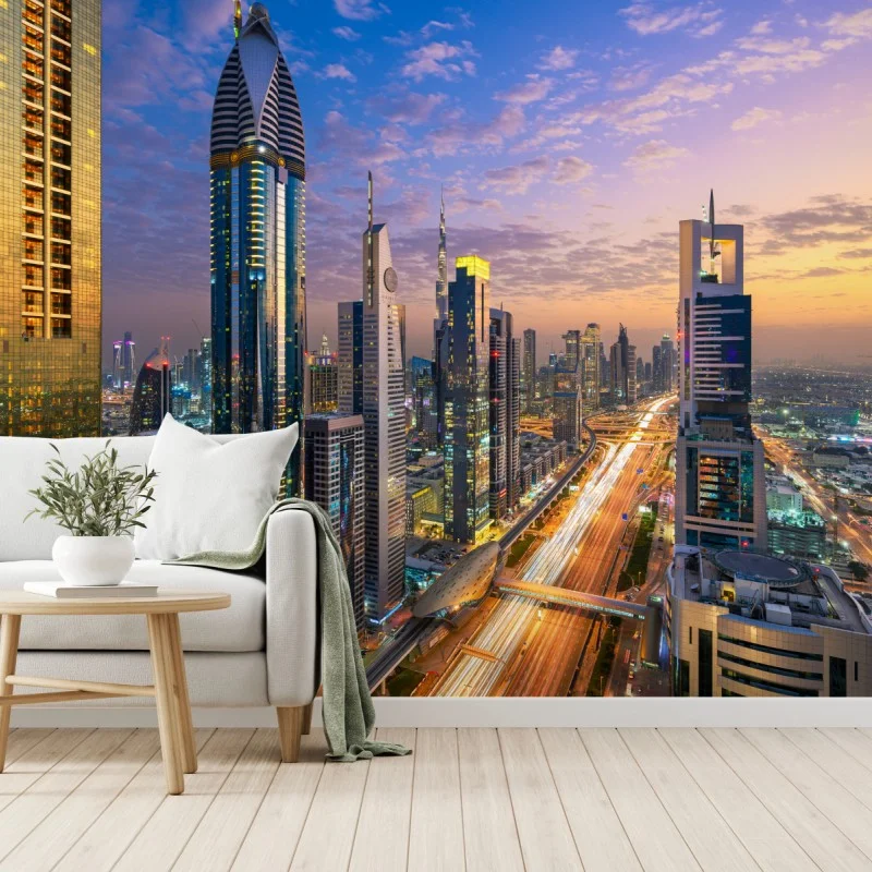 Fotomural panorámica urbana de Sheikh Zayed Road en Dubái