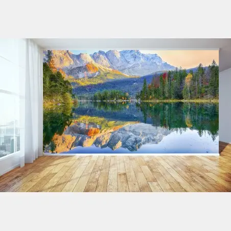 Fotomural impresionante paisaje otoñal del Eibsee frente al Zugspitze – Pixers®