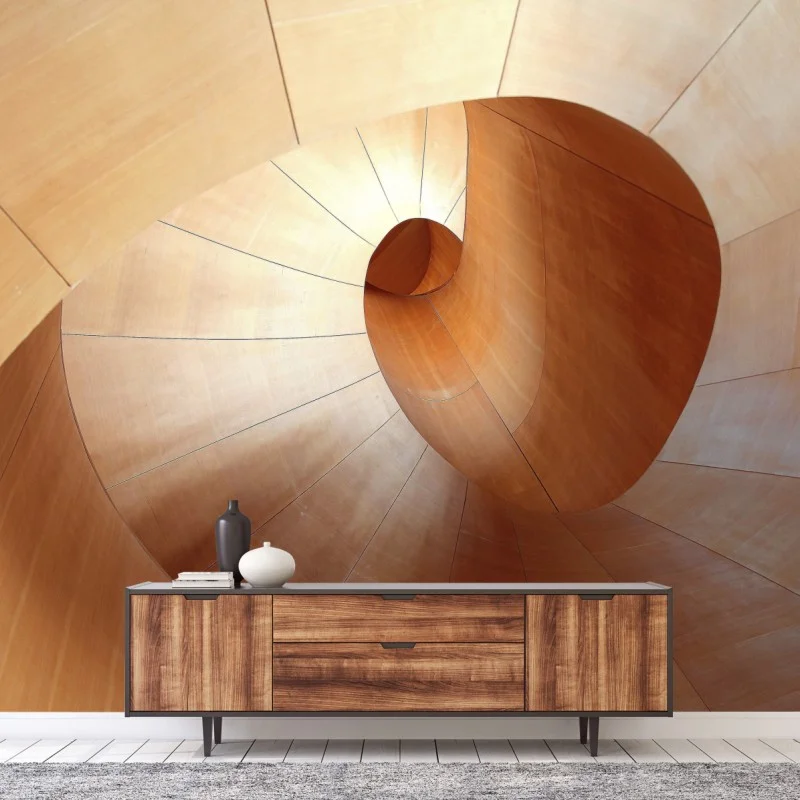 Fotomural espiral arquitectónica de madera minimalista
