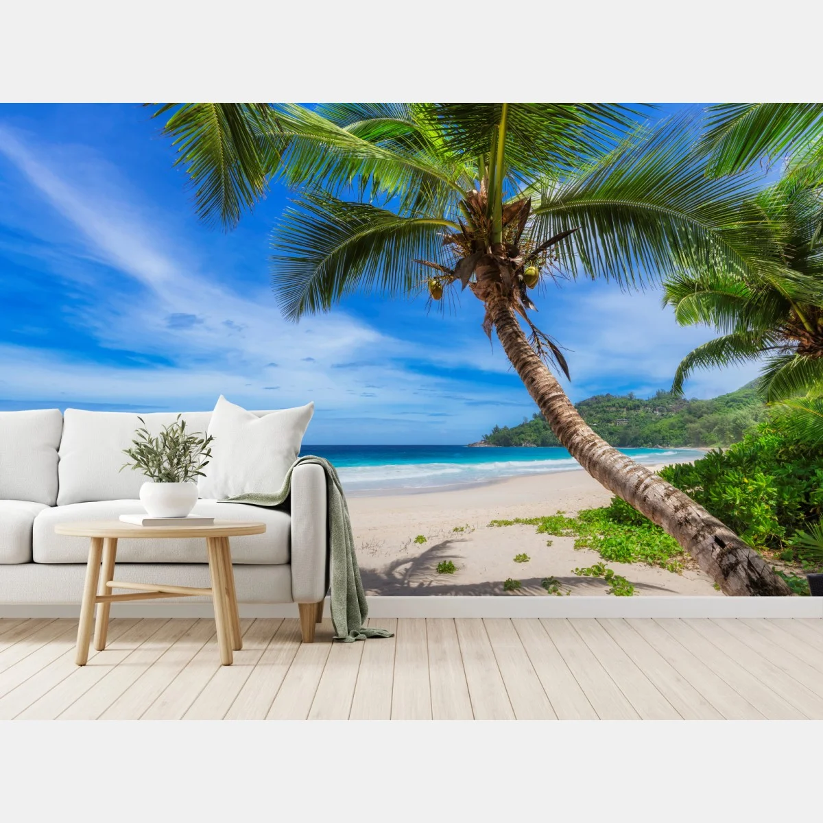 Fotomural escena de playa tropical con palmera inclinada y velero – Pixers® Fotomural escena de playa tropical con palmera inclinada y velero – Pixers®