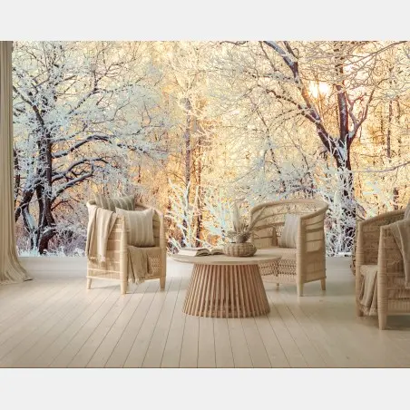 Fotomural bosque invernal al atardecer – Pixers®