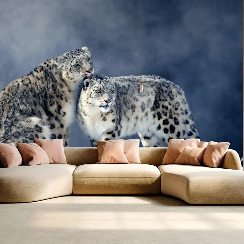 Fotomural pareja de leopardos de las nieves en paisaje invernal