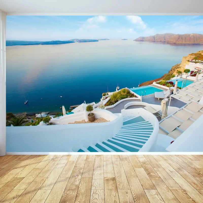 Fotomural mural de paisaje costero de Santorini