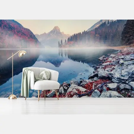 Fotomural amanecer neblinoso en Obersee, Suiza – Pixers®