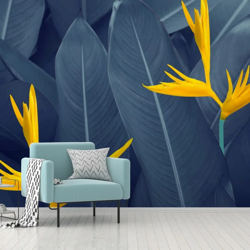 Fotomural elegancia tropical en tonos azul y amarillo