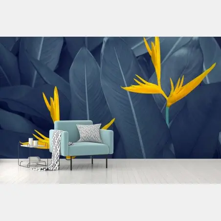 Fotomural elegancia tropical en tonos azul y amarillo – Pixers®