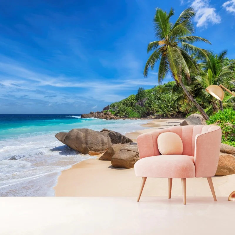 Fotomural escena de playa tropical con palmeras y rocas