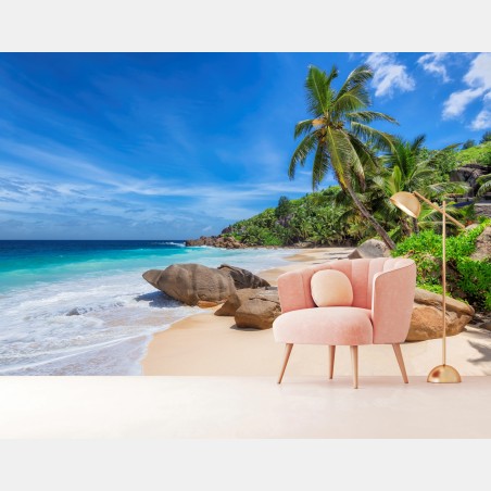 Fotomural escena de playa tropical con palmeras y rocas – Pixers®