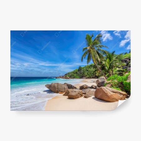 Fotomural escena de playa tropical con palmeras y rocas – Pixers®