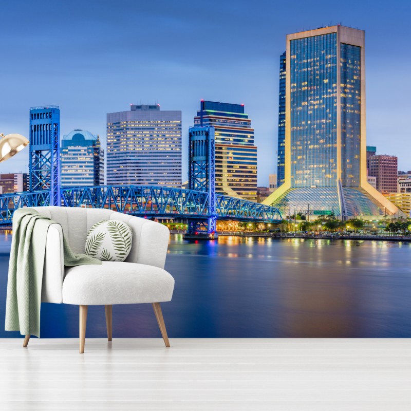 Fotomural atardecer en Jacksonville: horizonte urbano iluminado