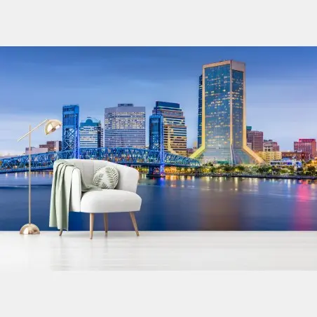 Fotomural atardecer en Jacksonville: horizonte urbano iluminado – Pixers®