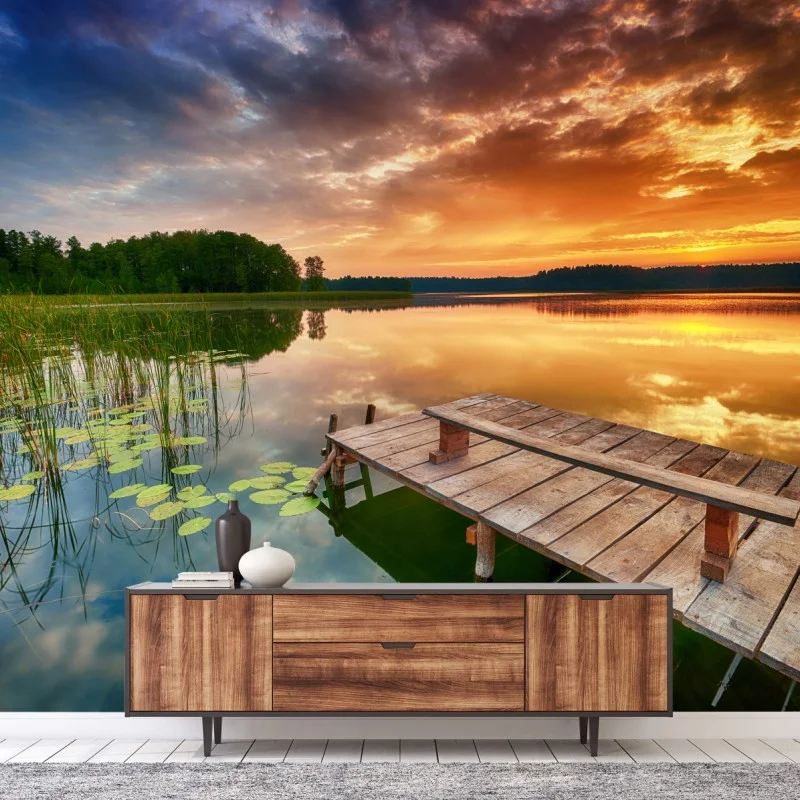 Fotomural amanecer dorado en el lago