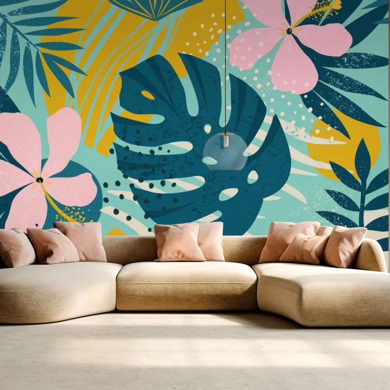 Fotomural diseño tropical moderno con hojas de monstera y hibisco