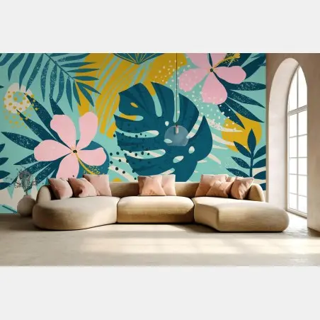Fotomural diseño tropical moderno con hojas de monstera y hibisco – Pixers®