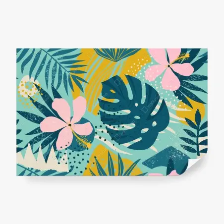 Fotomural diseño tropical moderno con hojas de monstera y hibisco – Pixers®