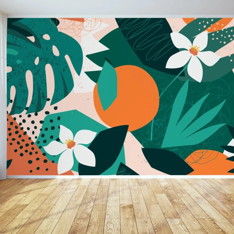 Fotomural arte mural tropical con naranjas y flores